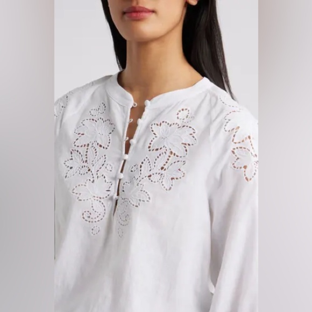 Caslon Embroidered Cutwork Split Neck Popover Top… - image 4